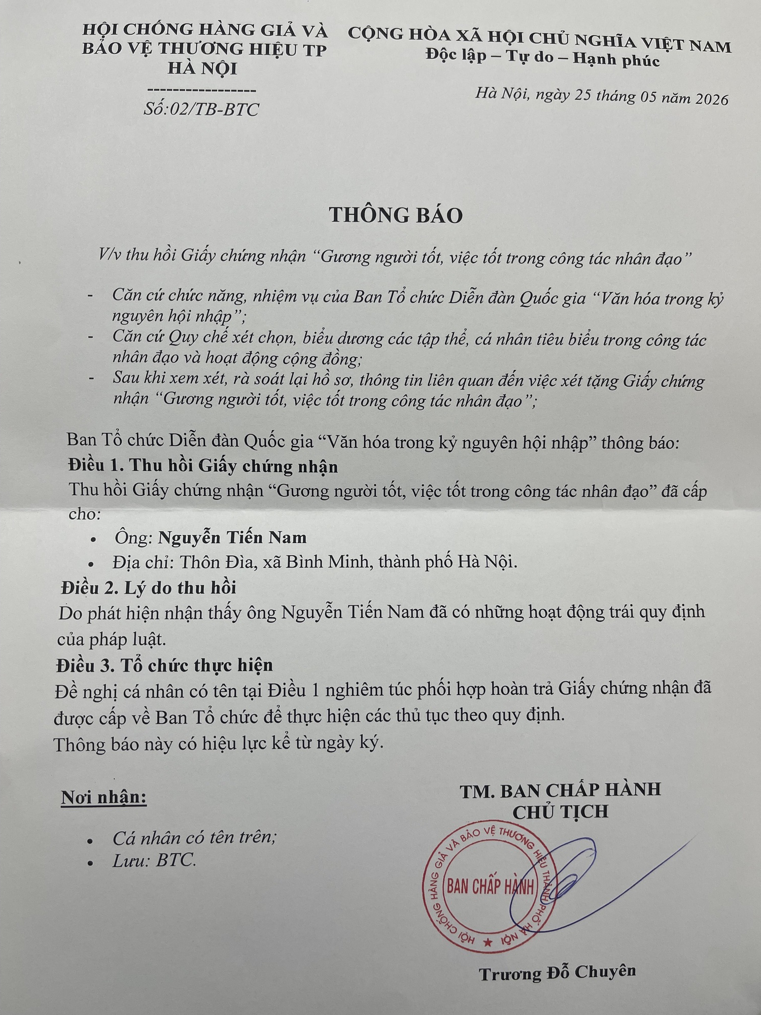 Thu hồi chứng nhận 'Gương người tốt, việc tốt trong công tác nhân đạo' của ông Nguyễn Tiến Nam- Ảnh 2.